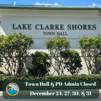 An image of the Town Hall entrance with text on the bottom reading “Town Hall & PD Admin Closed December 24, 27, 30, and 31.” 