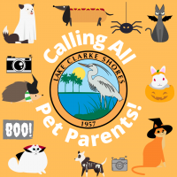 Animals dressed in Halloween costumes with the Town logo in the center. Text reads “calling all pet parents” 