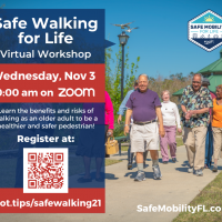 A flier for the the Virtual Workshop. Shows older adults walking in a park. 