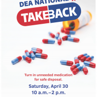 Picture of an opened pill bottle with the DEA National Take Back logo