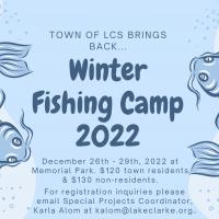 Blue poster advertising town's winter fishing camp 2022.