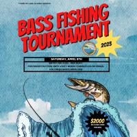 Flyer advertising fishing tournament with blue water, fishing line and a large fish