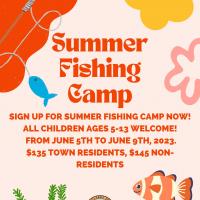 Fishing poster with orange details advertising fishing camp