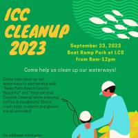 green poster depicting two people fishing detailing icc cleanup information