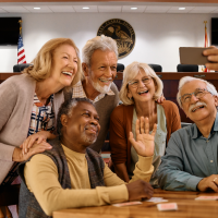 Seniors taking a selfie and playing cards with the Town Council Chambers in the background