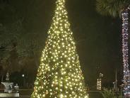 The Town tree lit up and decorated at night. 