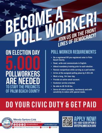 become a poll worker , American flag in the back.