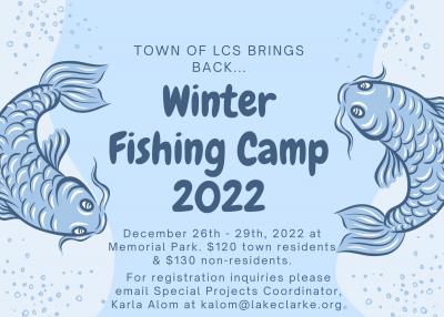 Blue poster advertising town's winter fishing camp 2022.