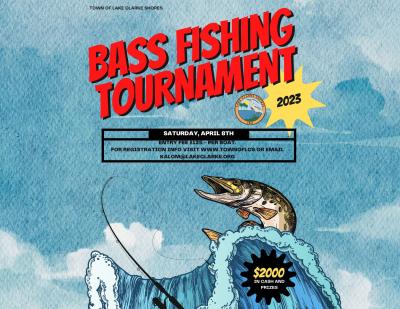 Flyer advertising fishing tournament with blue water, fishing line and a large fish