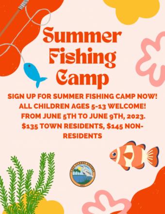 Fishing poster with orange details advertising fishing camp