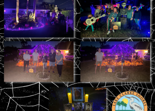 Collage showing exteriors of halloween decorated homes