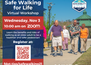 A flier for the the Virtual Workshop. Shows older adults walking in a park. 