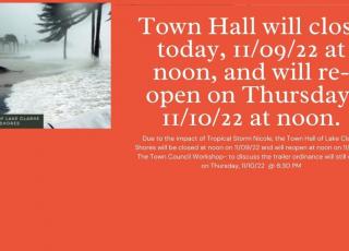Orange landscape flyer describing Town Hall's closures and re-openings due to Tropical Storm Nicole