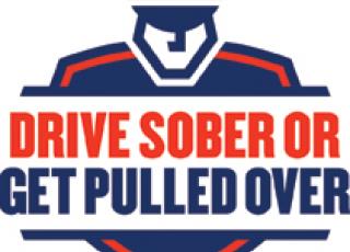  Image of a cartoon police officer with "Drive Sober of Get Pulled Over" text. Image and text in red and navy blue.