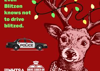 Image of reindeer saying "even Blitzen knows not to drive blitzed."