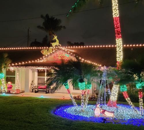 Home decorated with holiday lights